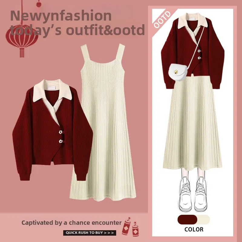 

Autumn Winter Women's Faion Set New Year Red Knitted Sweater And Dr Two-Piece Suit Long Sve Turn-down Collar Polyester