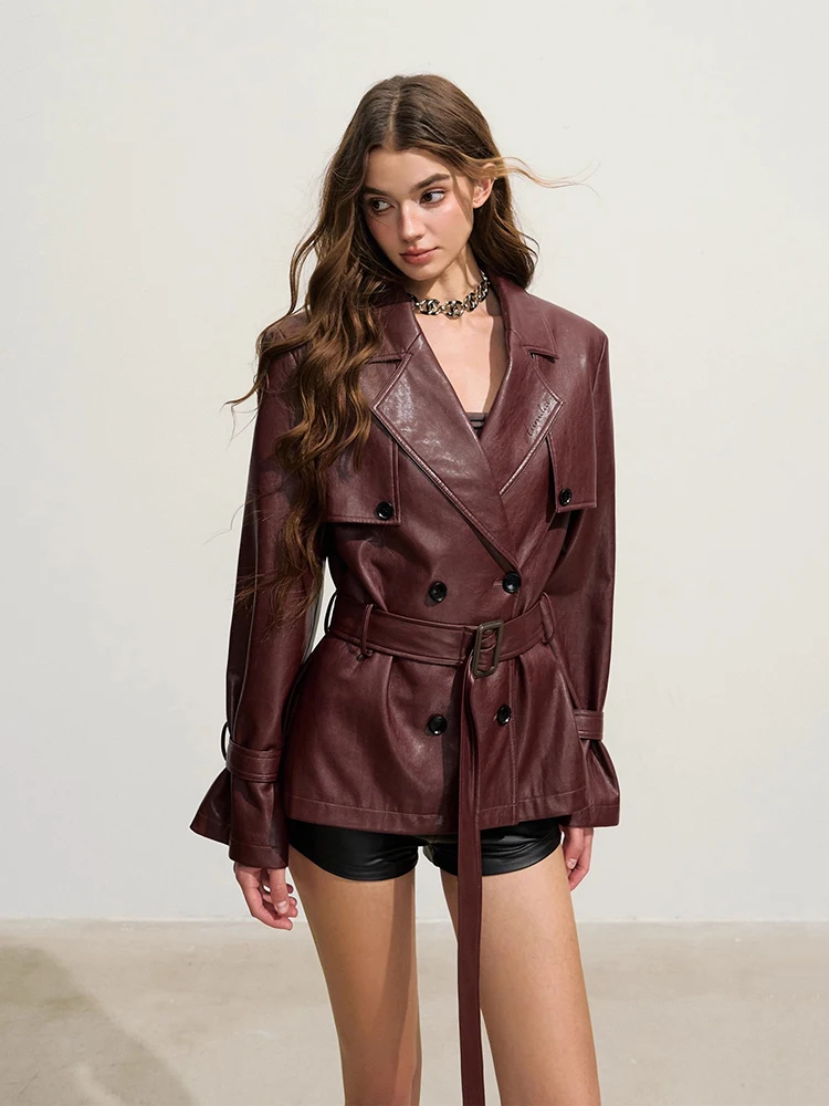 REDDACHiC Leather Cropped Trench Coat with Belt Red Retro Double-Breasted Lapel Blazer Jacket Biker Moto Punk Women's Outerwear