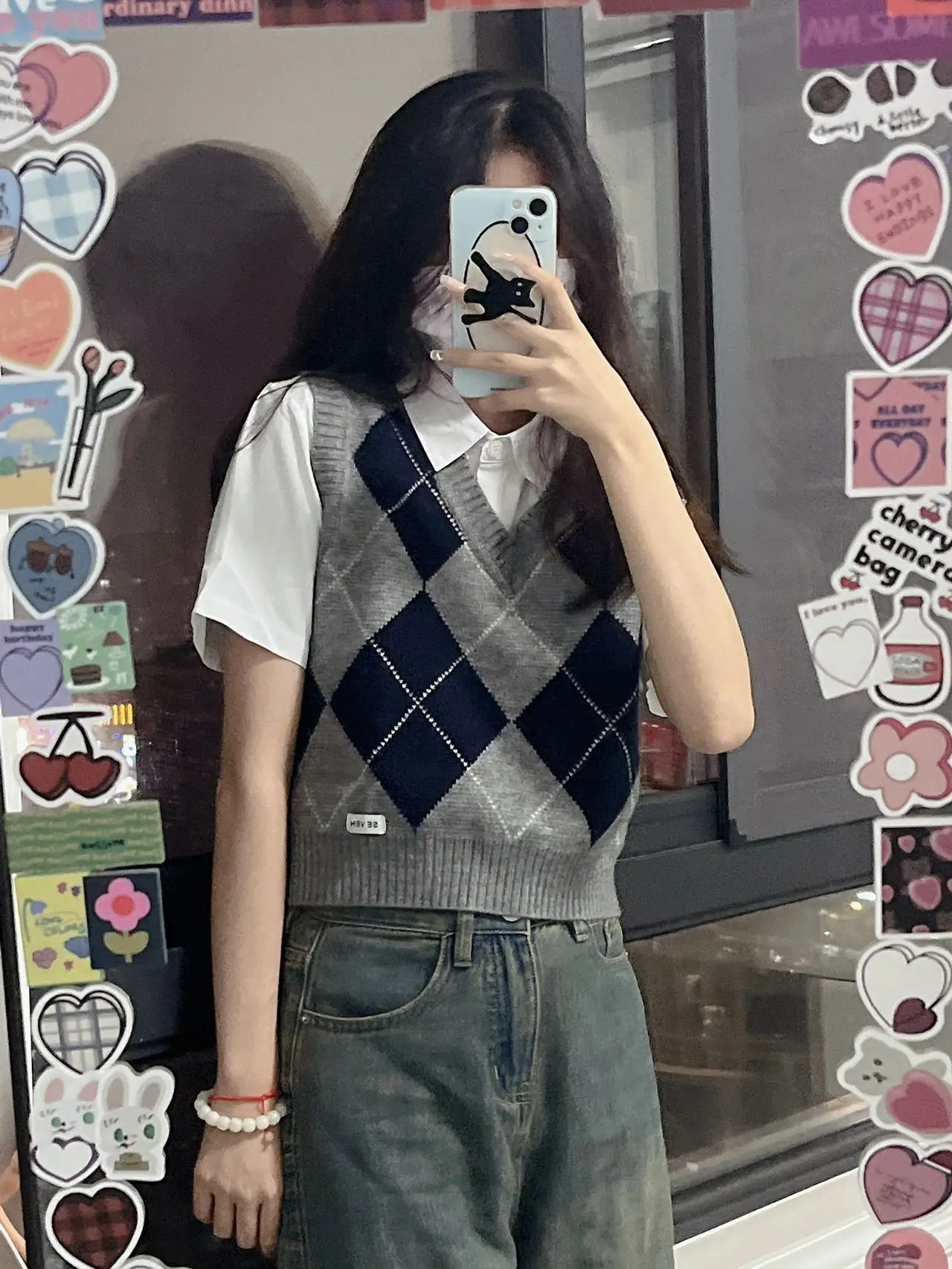 

College Style Women's Summer Korean Retro Short Knitted Vest And Shirt Two-Piece Set V-Neck Short Sleeve Fashion Ensemble