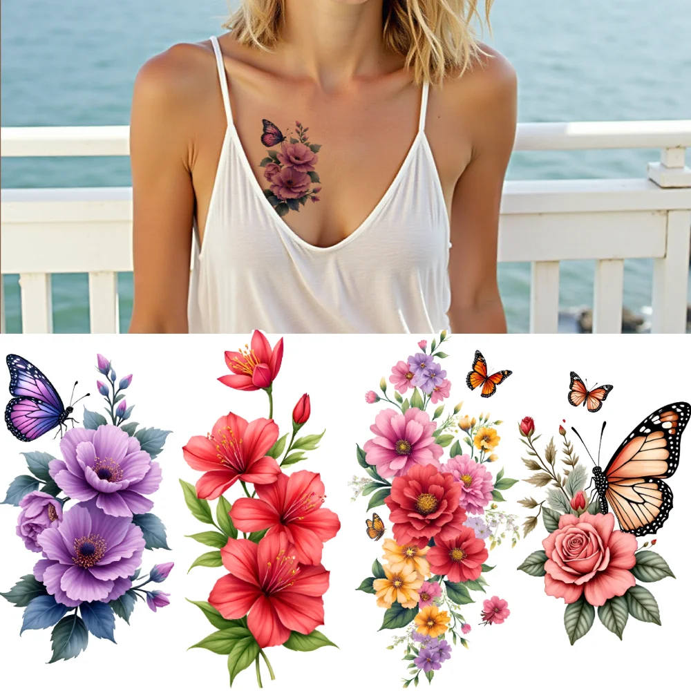 

9pcs Temporary Tattoo Waterproof Long-lasting Body Stickers Wisteria Butterflies Hibiscus For Shoulders Thighs Back