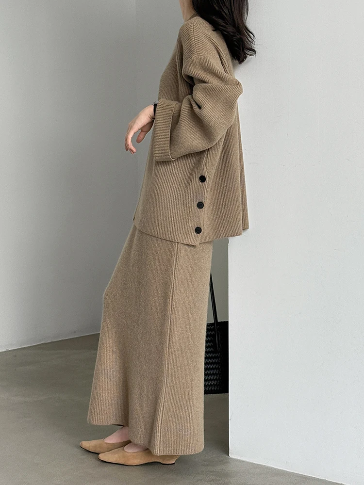 Camel Big Size Sweater Skirt Two Pieces Suit New Round Neck Long Sleeve Women Fashion Tide Spring Autumn