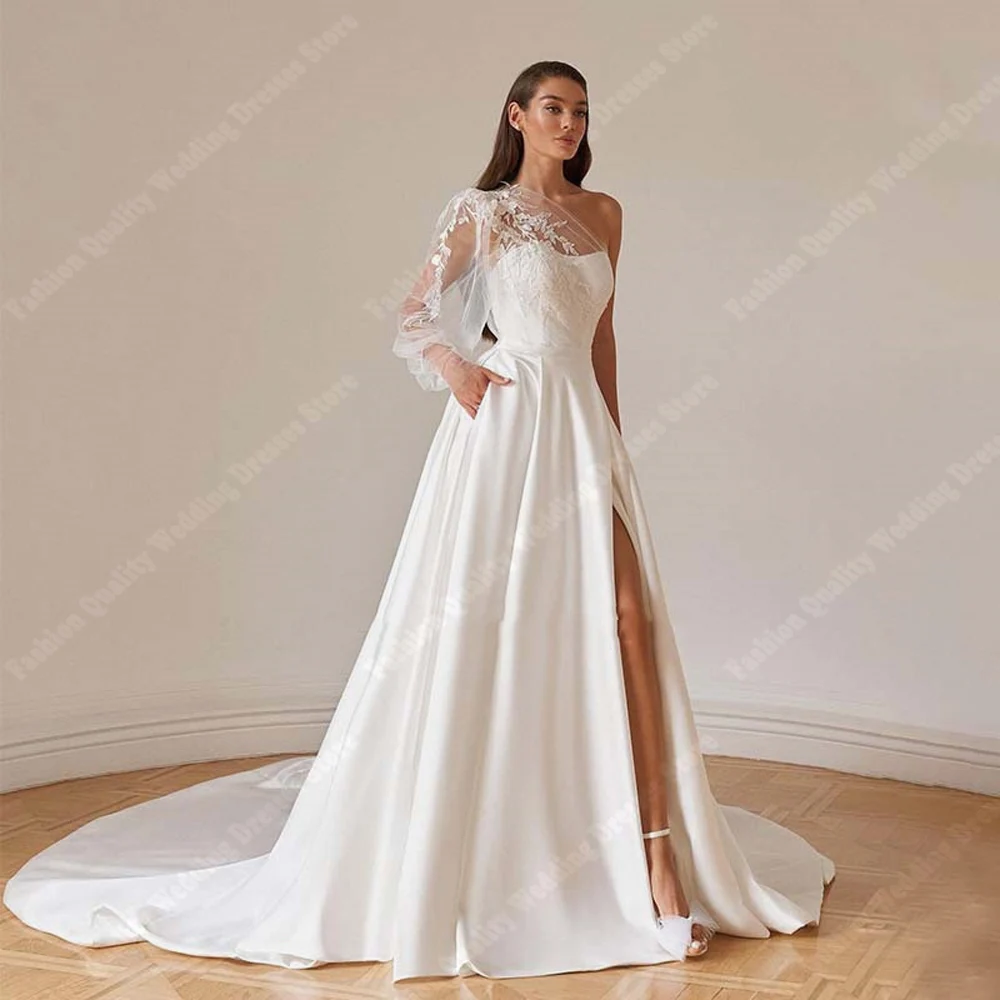 

Simple Style Satin Women Wedding Dresses Shining Decals A-Line For Formal Party Sexy High Fork Floor Mopping Vestidos De Novias