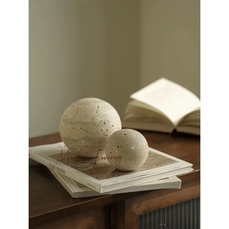 

Natural Marble Stone Ball Decor for Table and Shelf Vintage Travertine Sphere Sculpture for Home Decoration