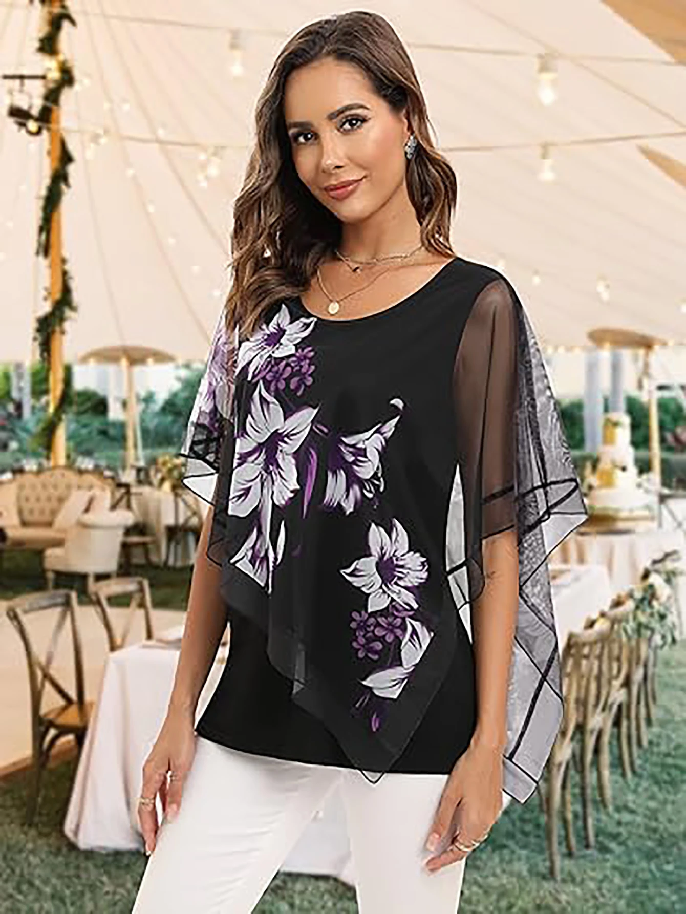 Aamikast Casual Plus Size Women's Tops Black Printed Top Collar  Round Neck Ruffled Half-Sleeved Lace Shirt Flower Print