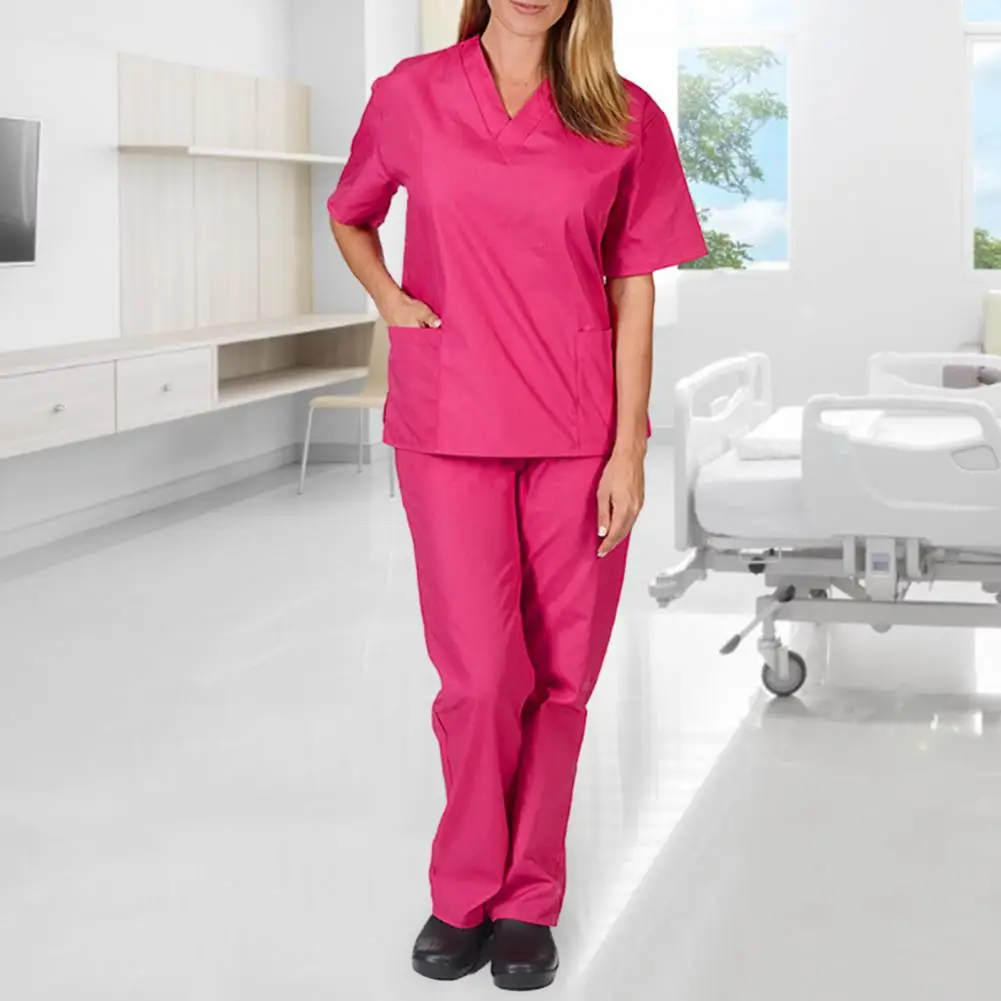 Nurse Outfit Professional V-neck Nurse Uniform Set for Salon Spa Pet Grooming Solid Color Short Sleeve Tops Pants for Work