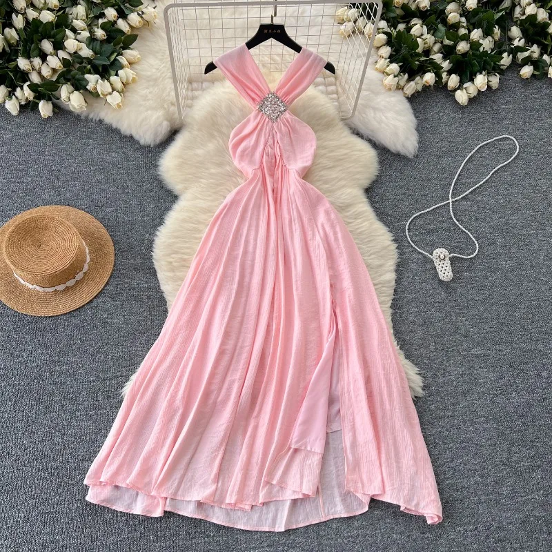 

Fairy Summer Vacation Dress Women High-end Diamond Criss-cross High Waist Seaside Dress Sexy Sleeveless A-line Pink Dress