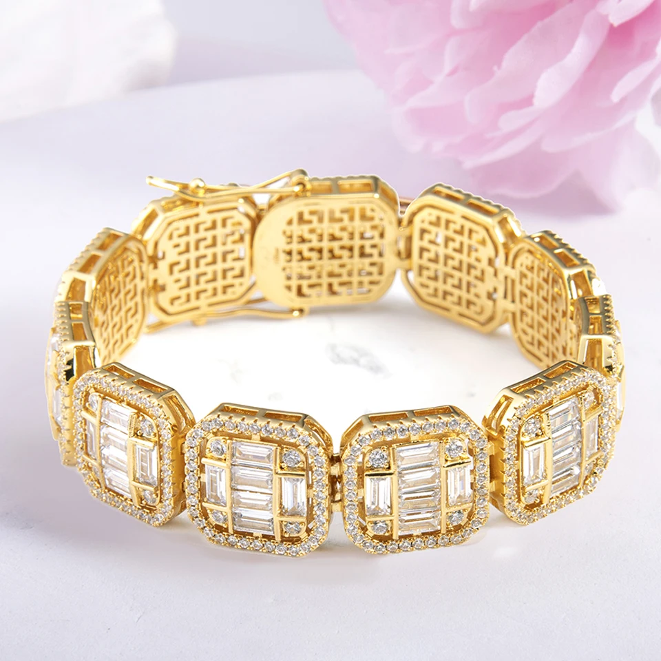 VANAXIN 16MM Wide Square Bracelets for Women Men Brass Material Cubic Zircon  Wedding 14k Gold Plated Engagement Party Jewelry