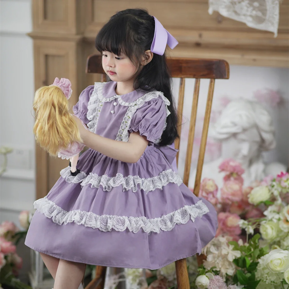 2025 Purple Fancy Children Girl Lace Princess Dress Puff Sleeves Cotton Kid Clothing with Tie Straps Doll Collar Outfit