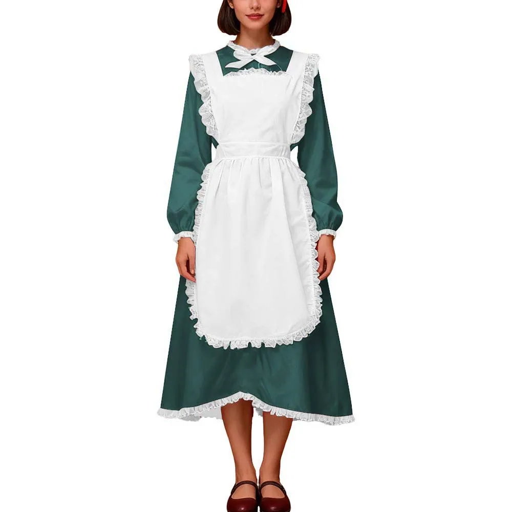 Crossdresser Halloween Vintage Satin Maid Uniform Long Sleeve Party Fancy Dress with Lace Apron Sissy French Maid Cosplay Outfit view 3
