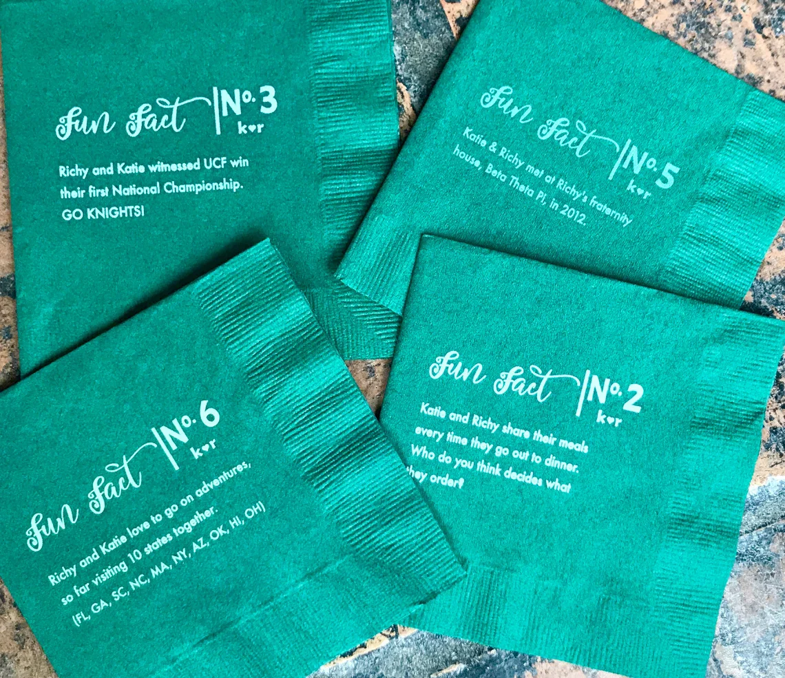 Fun Facts Napkins, Wedding Napkins, Personalized Napkins, Monogrammed, Custom, Paper, Cocktail, Beverage, Anniversary Party, Bir