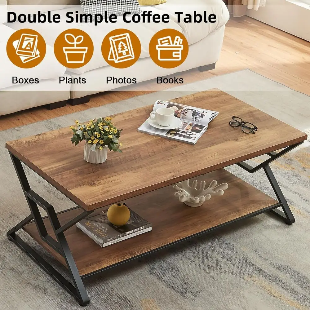 Rustic Rectangular Coffee Table with 2-Tier Storage, 47 Oak Brown, Minimalist Living Room Centerpiece