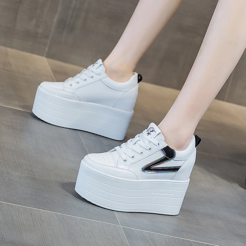 High quality 12cm Synthetic Genuine Leather Boot Ankle Women Autumn Spring Cowboy Platform Wedge High Brand Chunky Sneaker Shoes