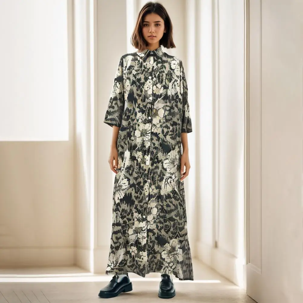 Women Button-up Dress Floral Print Maxi Dress with Cardigan Side Pockets for Women Elegant Fall Spring Shirt Type Outfit