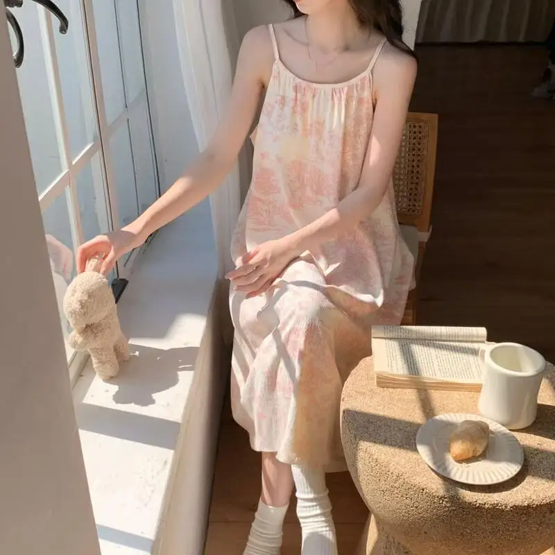 

Хлопковые пижамы с облаками для девочек, ранняя осень, одежда для сна и юбки без рукавов, милые свободные пижамы для отдыха средней длины, допамин