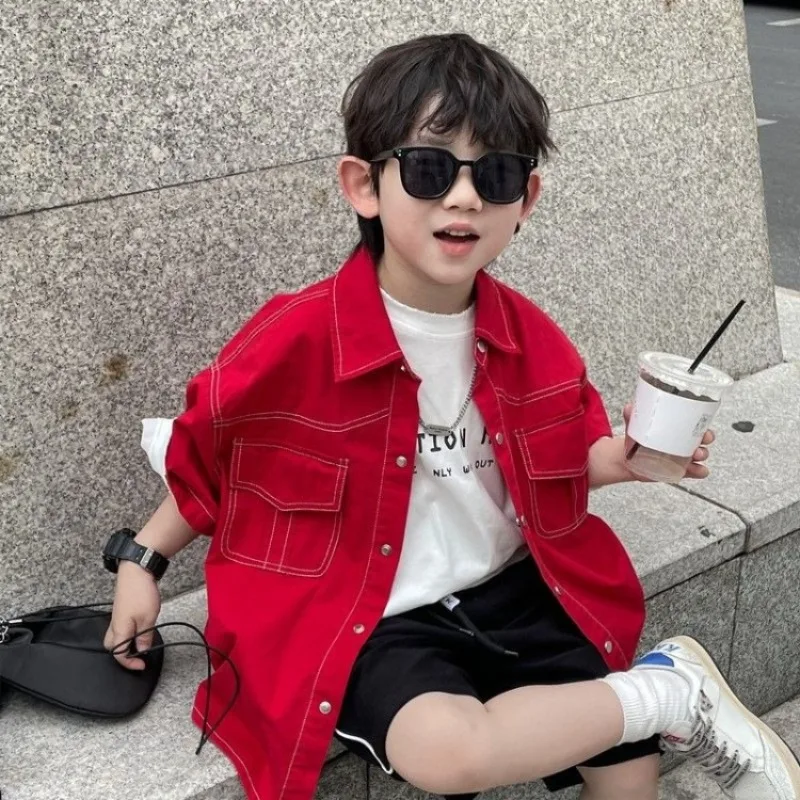 Boys' Loose Fit Japanese Style Short Sleeve Summer Shirt 2026 New Release Red Casual T-Shirt for Kids Fast Shipping