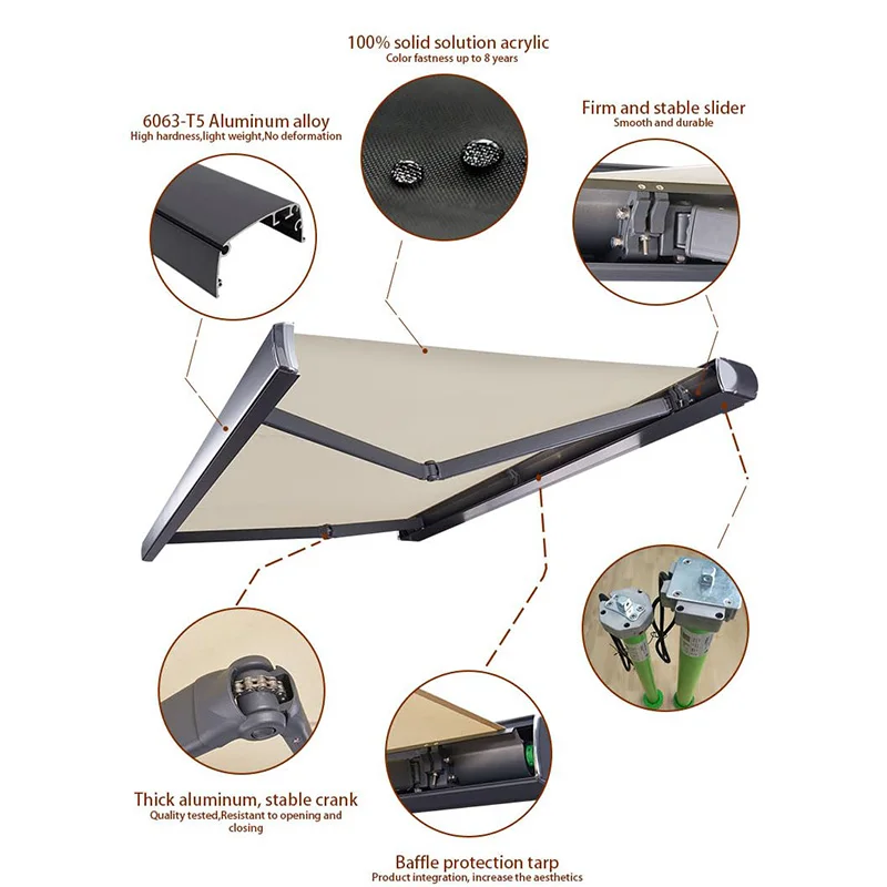 Electric Sun Shades Outdoor Retractable Canopy Sail Awning Motorized Retractable Canopy Shade Patio Folding Arm Awning