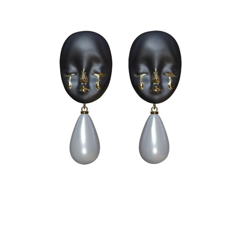 

Dunhuang Series Black Faced Doll Gold Color RuneWater Droplet Imitation Pearl PendantEarring Gothic Eye-catching Fashion Earring