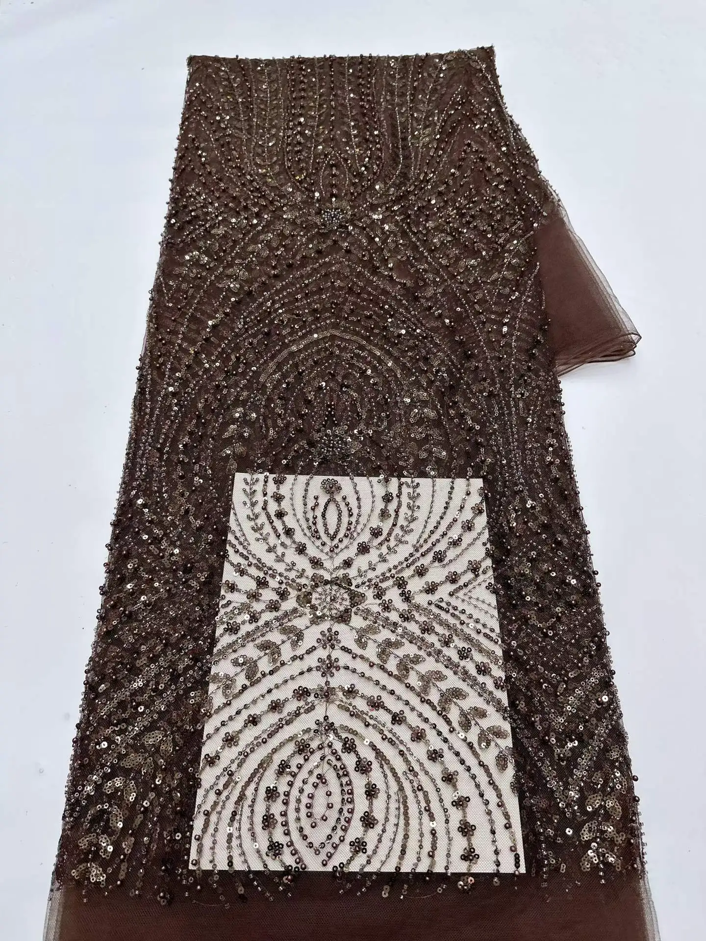 

2026 French Lace Fabrics High Quality African Beaded Embroidered Lace Nigerian Sequins Tulle Lace 5 Yards For Sewing Party Dress