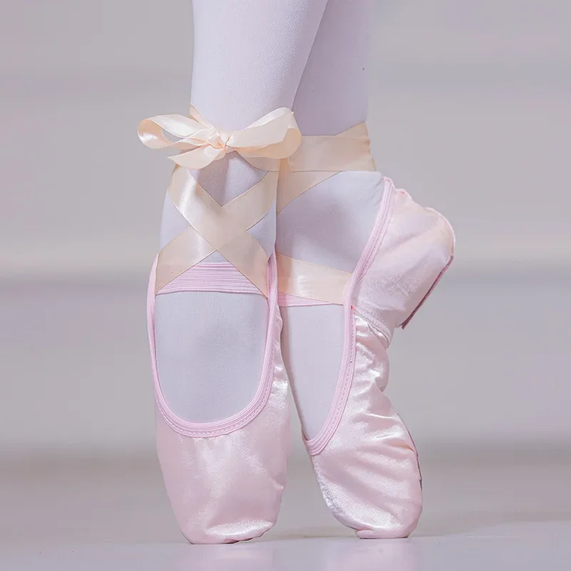 Satijn Ballet Schoenen Met Lint Bandjes Ronde Neus Indoor Yoga Schoenen Volwassen Meisjes Zachte Split Zool Satijn Dans Ballerina Schoenen