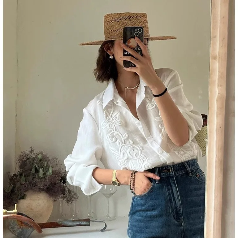 

Французская свободная рубашка из хлопка и льна с воротником, длинными рукавами, тяжелой вышивкой и цветочным принтом для женщин, весенняя коллекция