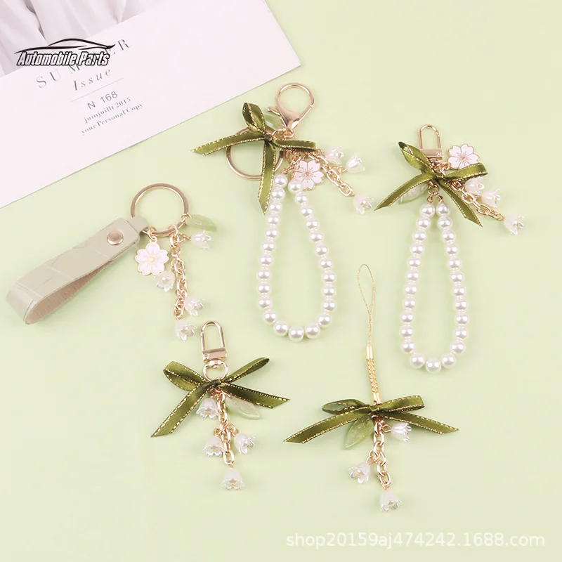 Fashion Simple Green Ribbon Bow Pearl Hanging Key Chain Women Mobile Phone Bag Car Keychain Charm Decoration Wholesale