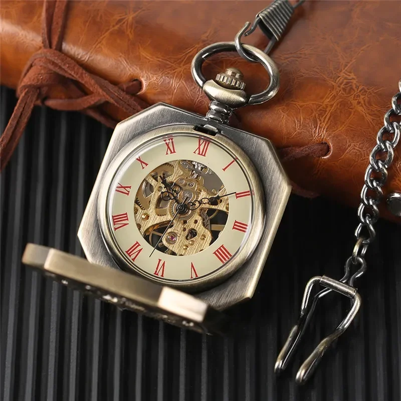 ronze Pocket Watch Hollow Double Tigers Case Men Women Handwinding Mechanical Watches with Pendant Chain Roman Number Clock