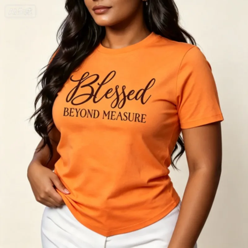 Women Cotton T-Shirt Blessed Beyond Measure Graphic Tee Inspirational Faith Letter Casual Crew Neck Tops