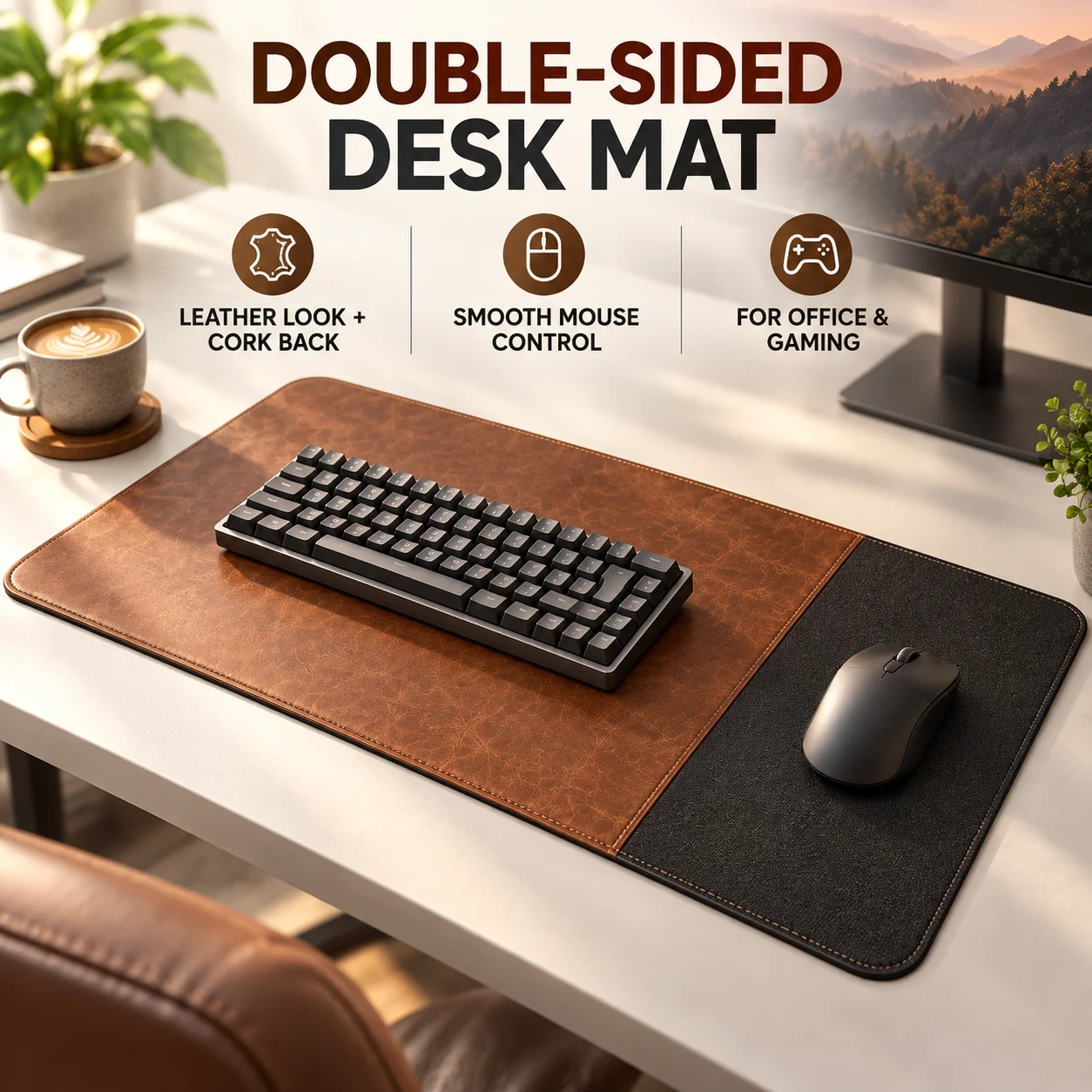 Double-Sided Cork Leather Desk Mat, Large 3-in-1 Waterproof Gaming Mouse Pad with Non-Slip Surface for Office Computer Tables