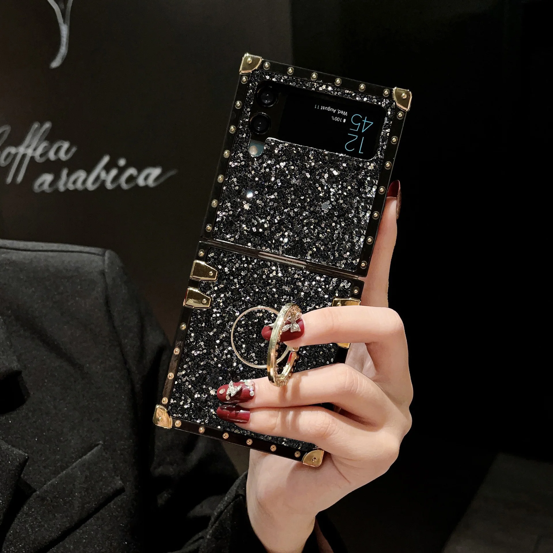 Luxuriöse künstliche Glitzer-Strass-Leder-Handyhülle für Samsung Galaxy Z Flip 8 7 6 5 4 3 Flip7 FE mit glänzendem Halter. – Detail 8