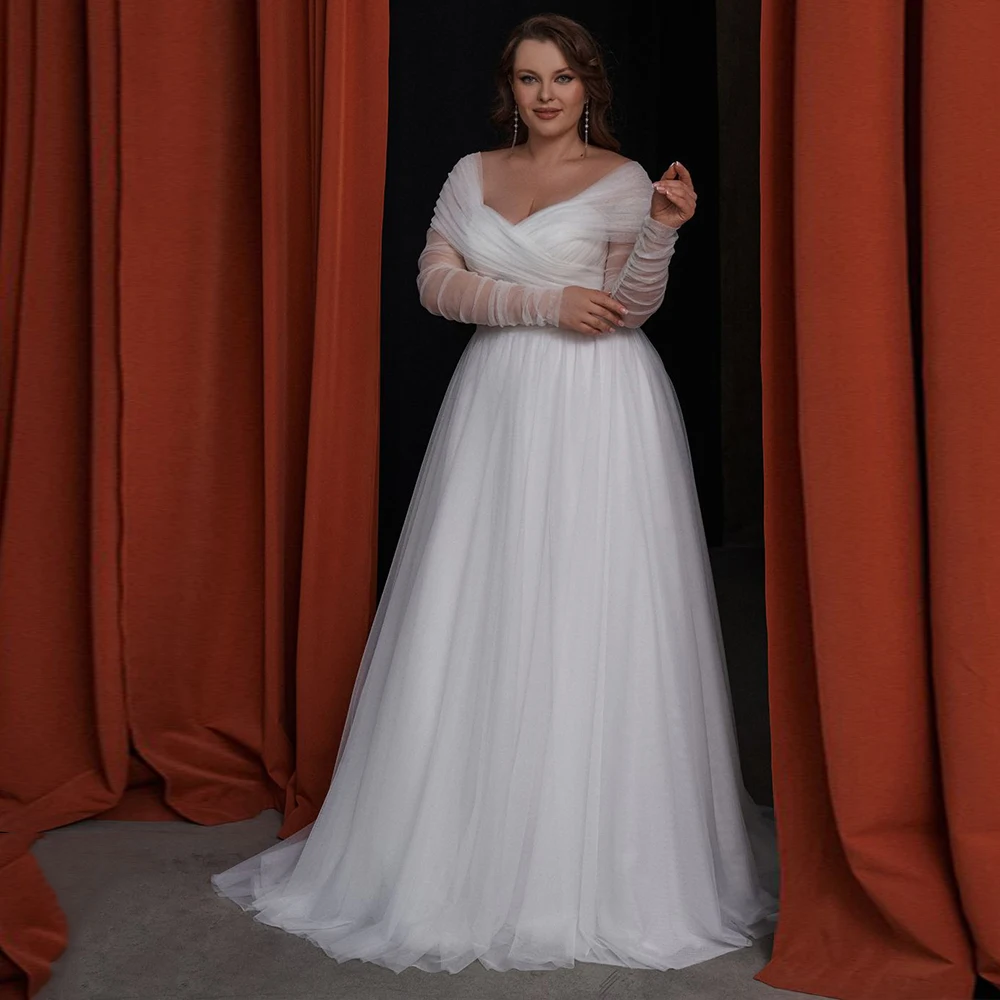 Wedding Dresses Plus Size 2024 Bridal Gown Tulle Cheap A Line Off Shoulder Long Sleeves Sweep Train Custom Formal Summer Vestido