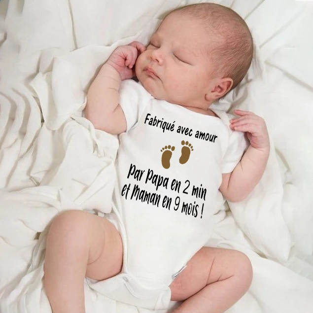 Made with Love Dad in 2 Min and Mom in 9 Months Baby Romper Funny Newborn Bodysuit Toddler Summer Clothes Infant Shower Gifts