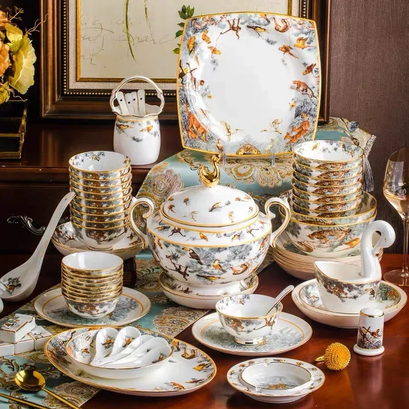 6 Piece Complete Tableware Set Luxury Bone China Dinnerware Sets Rice Bowl Plate Chopsticks Kitchen Dishes Dinner Dish Set