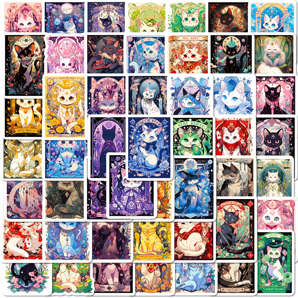 50Pcs Cute Cartoon Cat Tarot Stickers - Adorable Divination-Themed Decals for Journals, Planners Collection Giajar Sticker Store