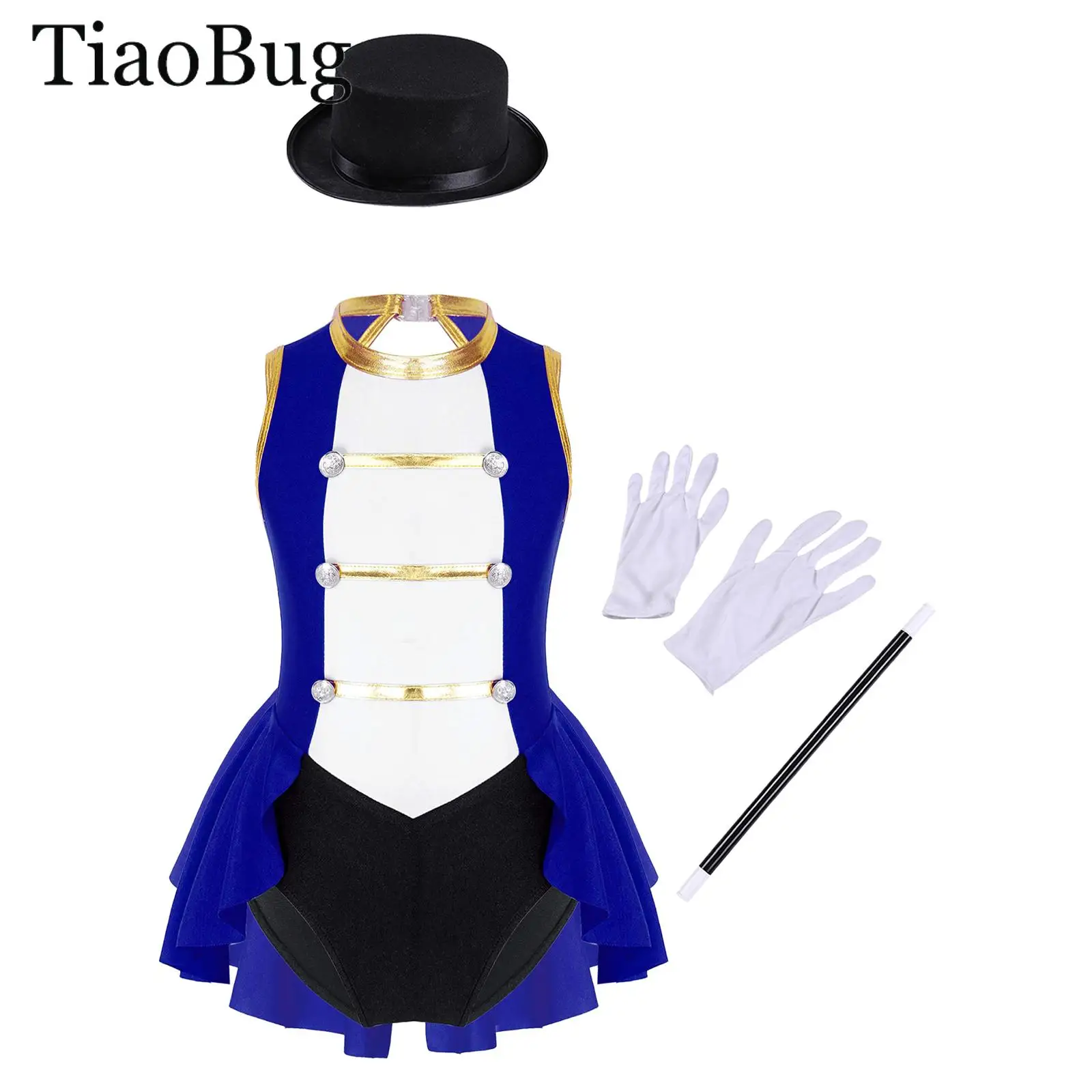 

Girls Ringmaster Circus Magician Costume Sleeveless Leotard Dress with Hat Magic Wand Gloves Set Halloween Lion Tamer Cosplay