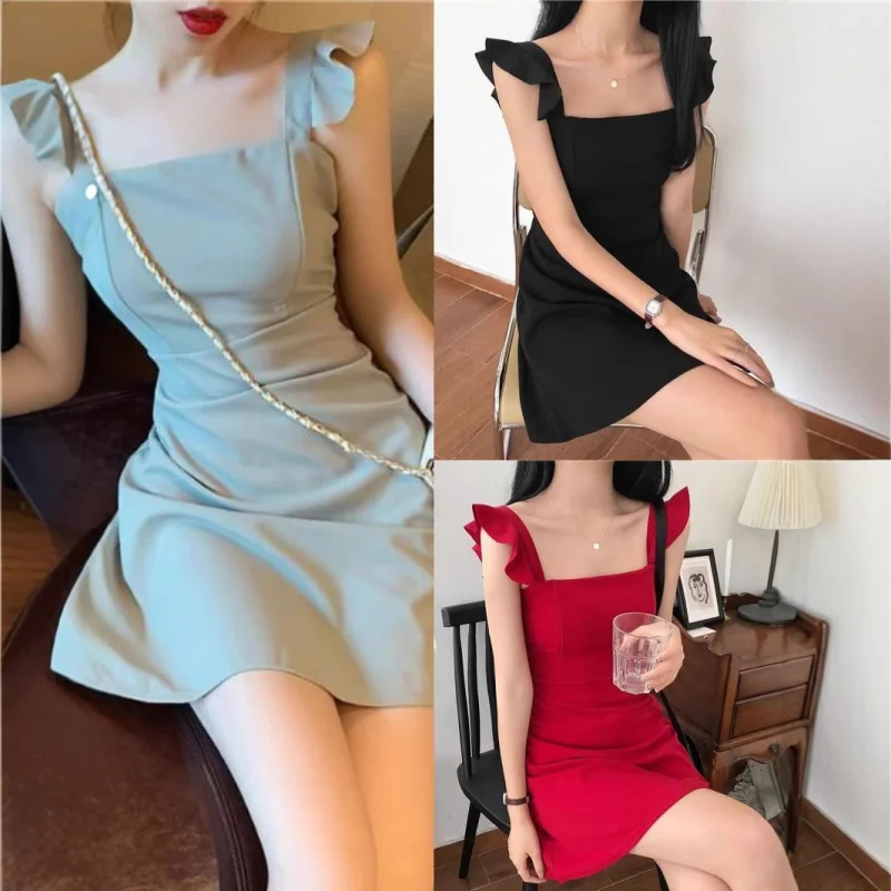 

Весенне-летнее элитное элегантное чайное платье, пляжное платье на бретелях для отдыха, женское универсальное короткое платье для похудения талии