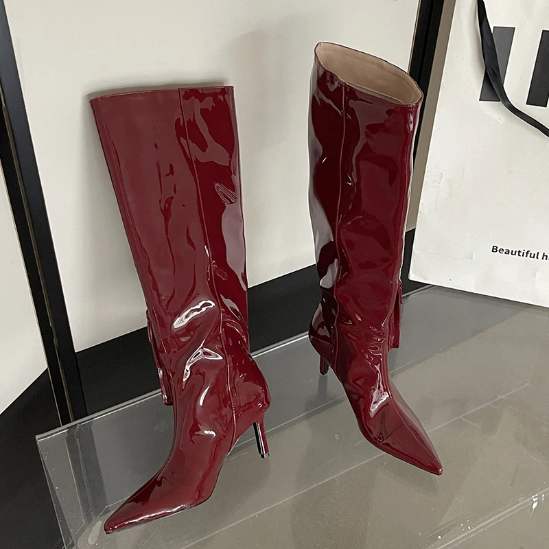 Big Size 43 Heels Shoes Western Knee High Boots For Women Fashion Pointed Toe Ladies Long Boots New In Female Slip On Footwear