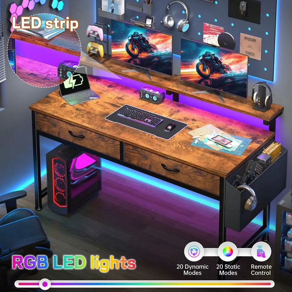 Print Computer Desk With RGB LED Lights, Ergonomic Monitor Stand Storage Drawers