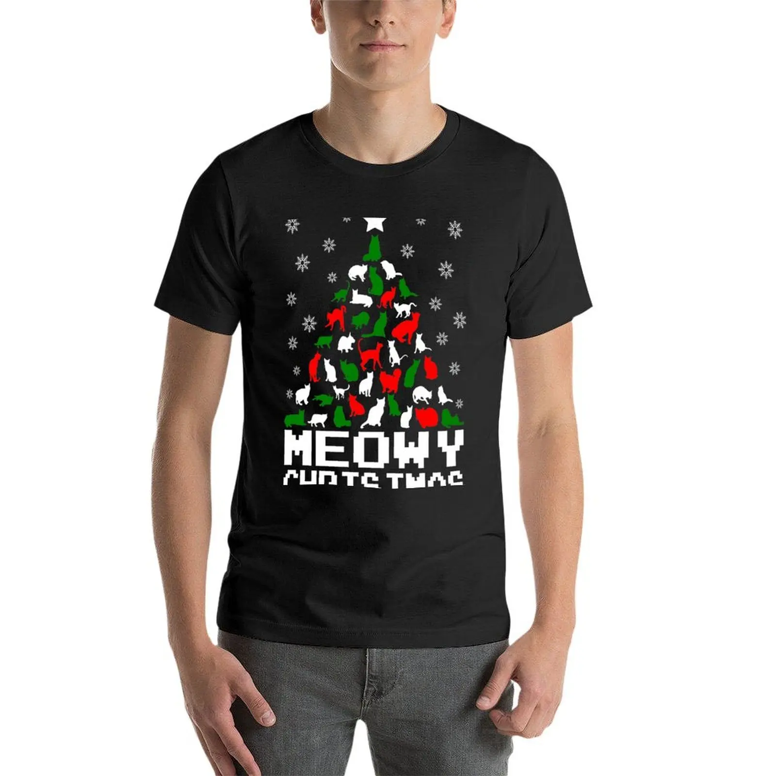 Meowy-Camiseta de árbol de gato de Navidad para niño, ropa kawaii funnys, camiseta para hombre