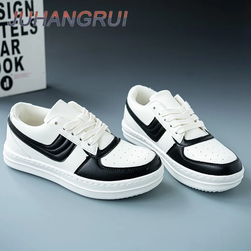 Mens Sneakers Comfortable Breathable Board Shoes Round Toe Thick Sole Flat Heel Lace Up Cozy Casual Leather Shoes Sports Shoes