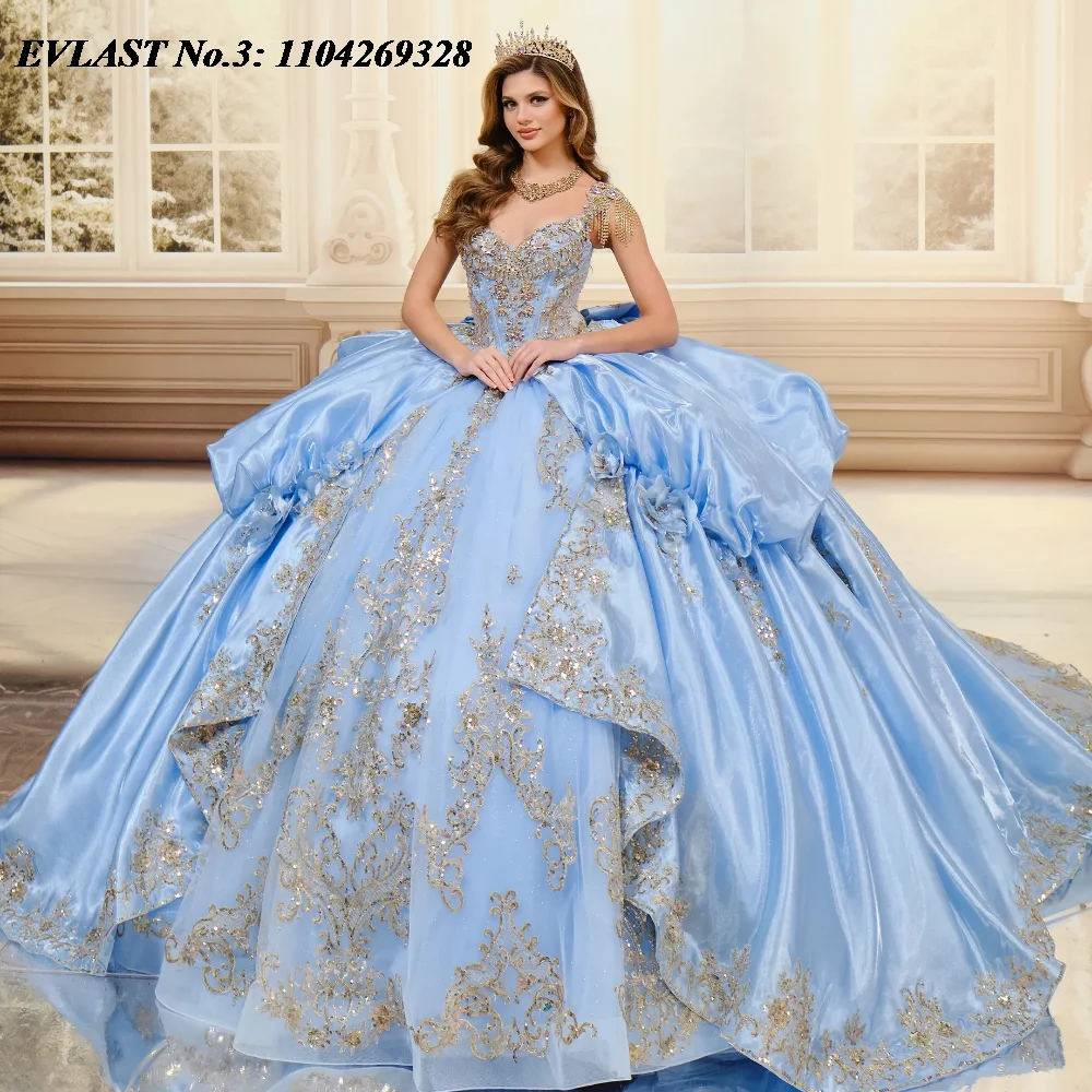 EVLAST Maßgeschneidertes glänzendes lila Lavendel-Quinceanera-Kleid, Ballkleid, goldene Spitze, Perlenapplikation, Sweet 16, Vestido De 15 Anos E3Q210