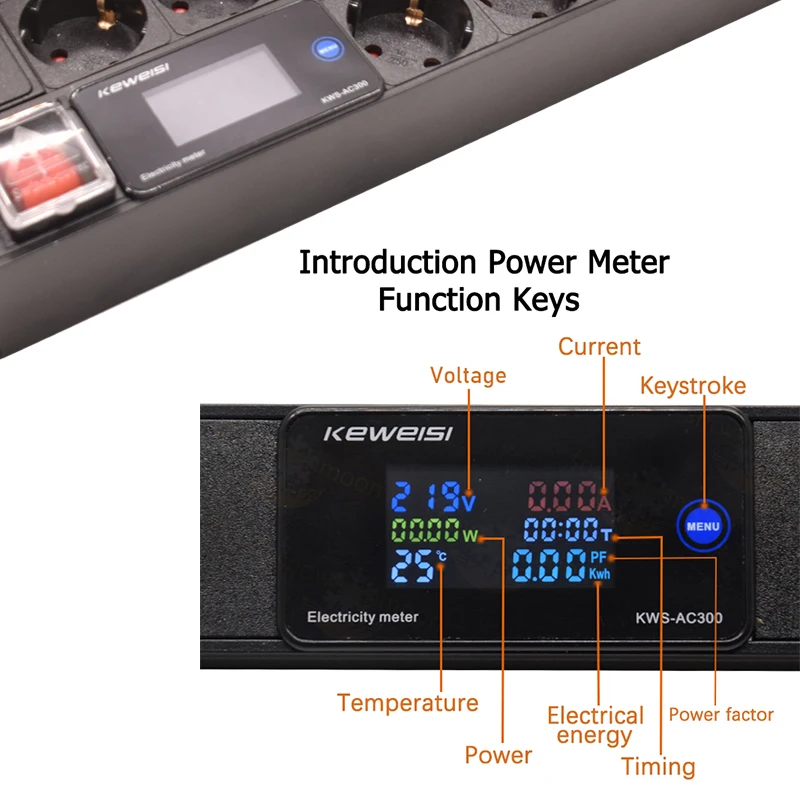 2U PDU Power Strip 19inch Rack Mount Digital Ampermeter Voltmeter Ammeter 16 Way German socket 2USB Switch 2meter Cord