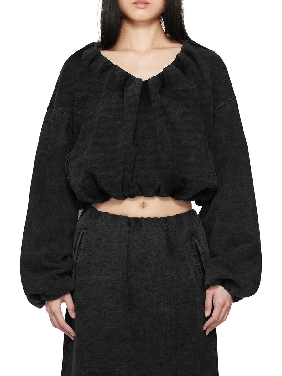 VGH Designer Slimming Folds Short Sweatshirts For Women V Neck Long Sleeve Spring Temperament Sweatshirt Female Fashion Style