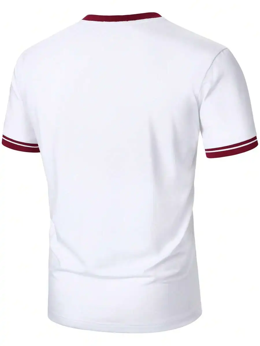 

Mens Casual White Short Sleeve Round Neck T-Shirt With Red Trim
