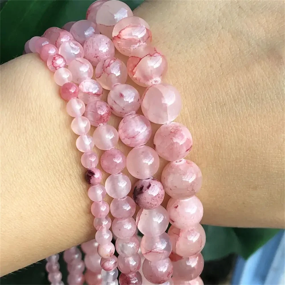 Natural Stone Cherry Veins Chalcedony Jades Beads Round Loose Spacer Beads For Jewelry Making DIY Bracelet Necklace Beads