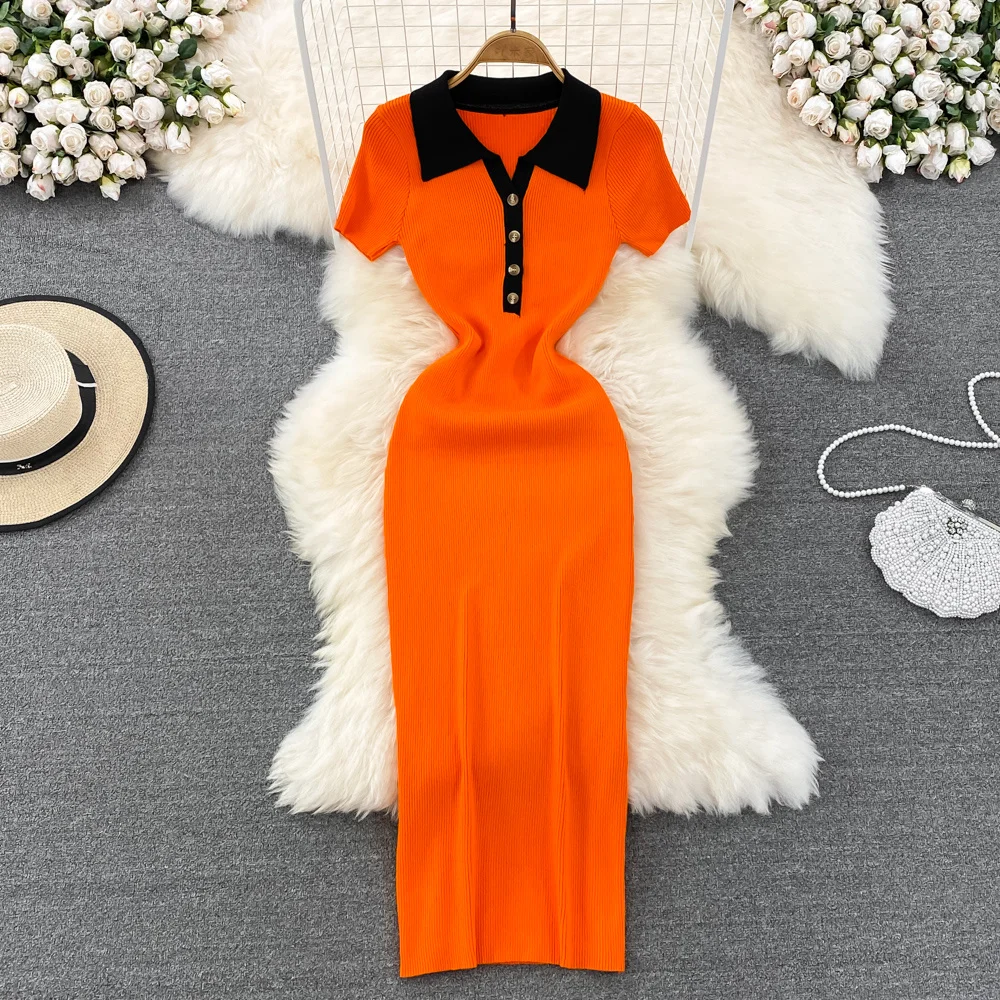 Fashion Girls Polo Orange Knit Dress For Women Bodycon Elastic MIDI Wrap Knit Dress Short Sleeve Knitted Sweater Dress Summer