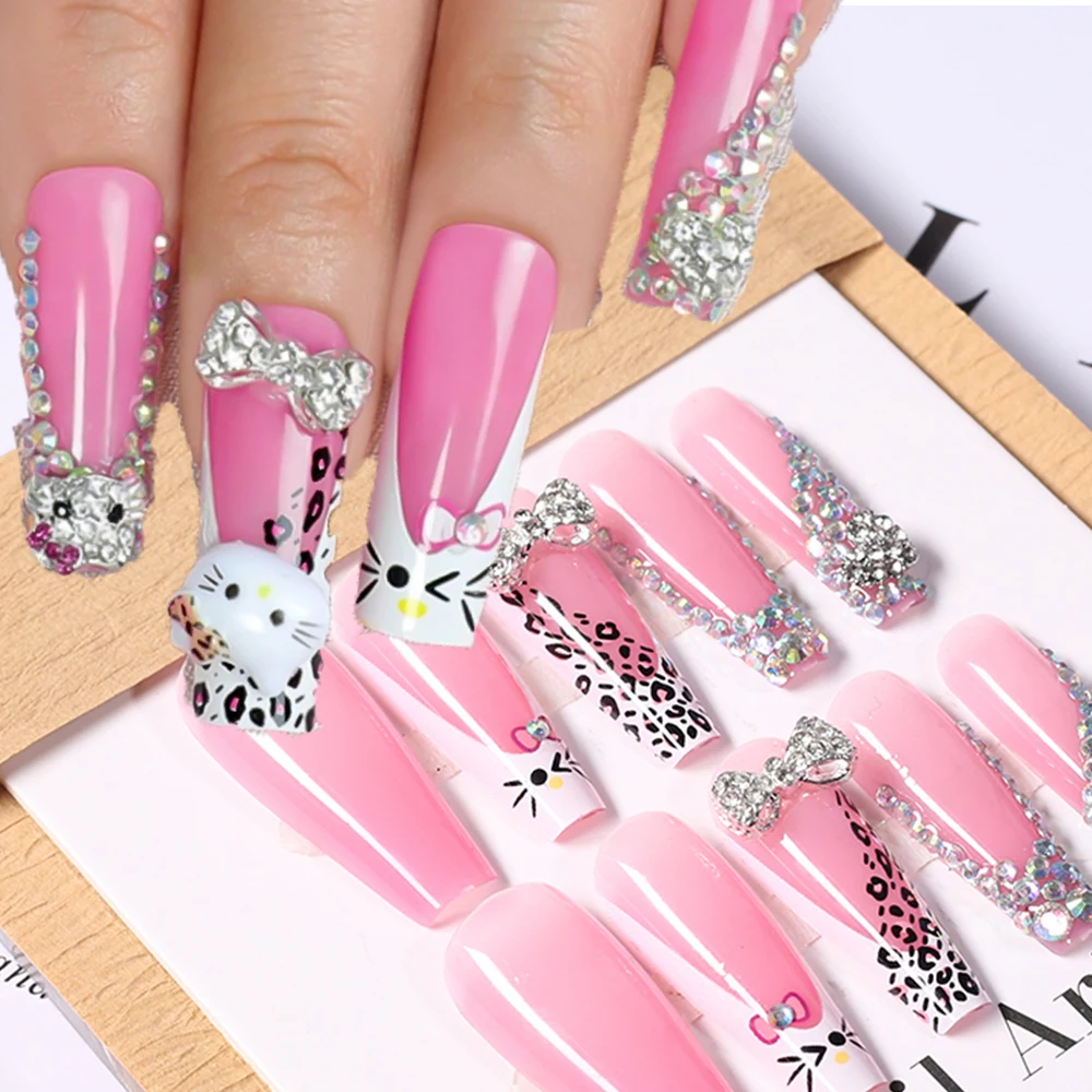 

24Pcs/box 3D French Leopard Pink Ballet Fake Nails With Glitter AB Mini Bow Diamond Press on Nails Mid-Long Ballet Pink Nail Tip
