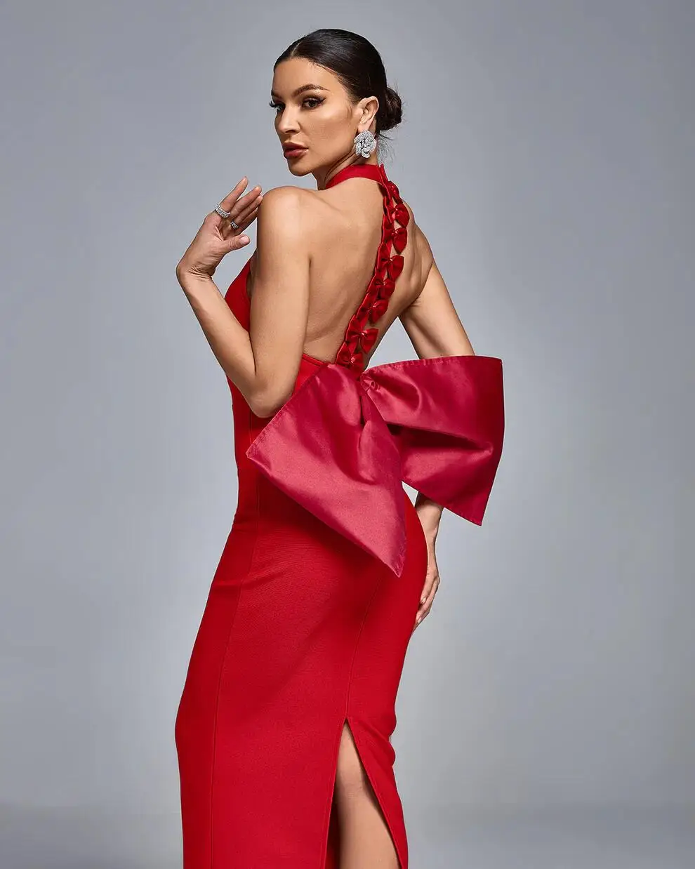 Sexy Backless Bow Sleeveless Bow Midi Bodycon Prom Bandage Dress Maxi White Red Celebrity Evening Runway Cocktail Party Dress