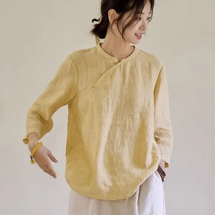 Linen New Chinese Style Improved Hanfu Diagonal T-shirt Shirt Top Chinese Style Yellow Pullover Loose Top for Women