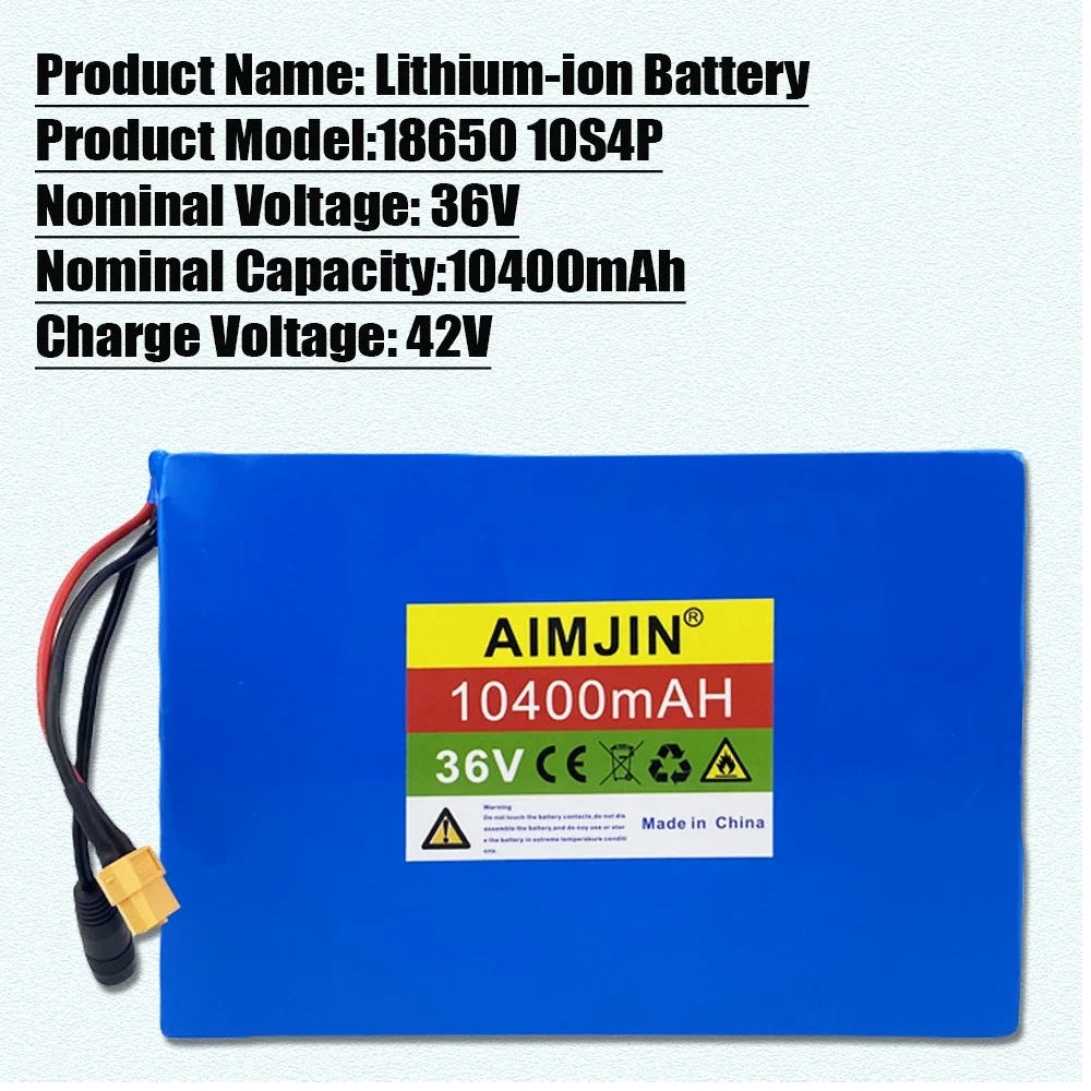 

10S4P lithium-ion battery pack 36V 10400mAh, suitable for electric bicycles and scooters, with built-in BMS+42v-2A charger