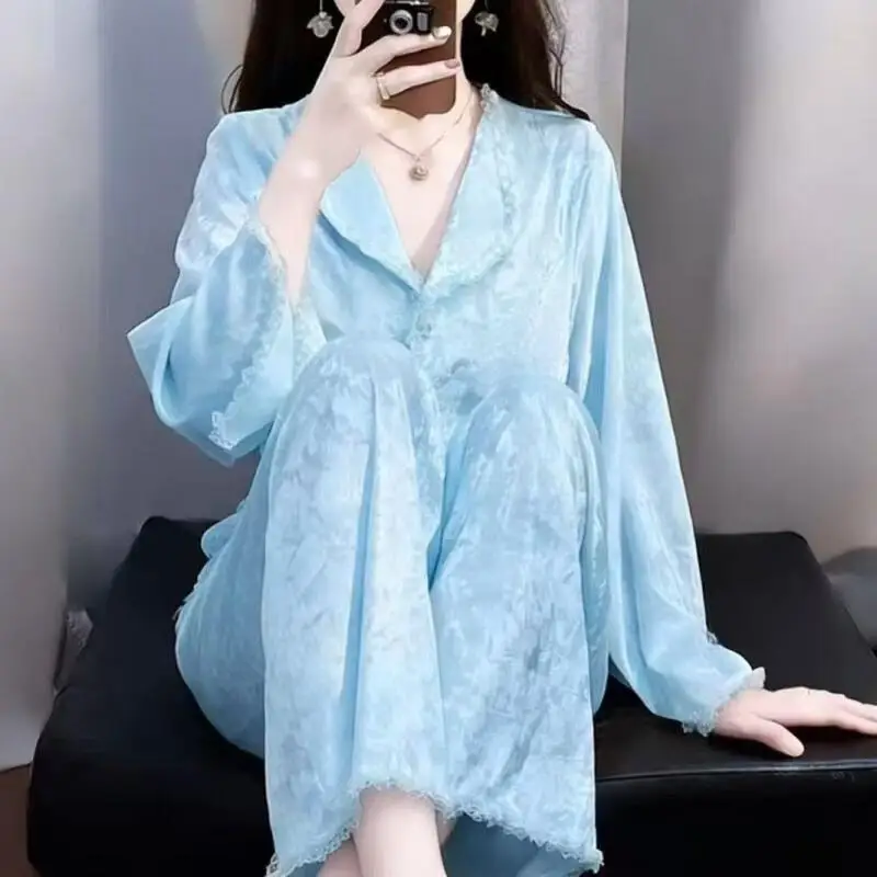 

New Gold Velvet Pajamas for Women Spring, Autumn Winter, Lace Trumpet Sleeves, Gold Diamond Velvet Outer Wear, Sweet Homewear